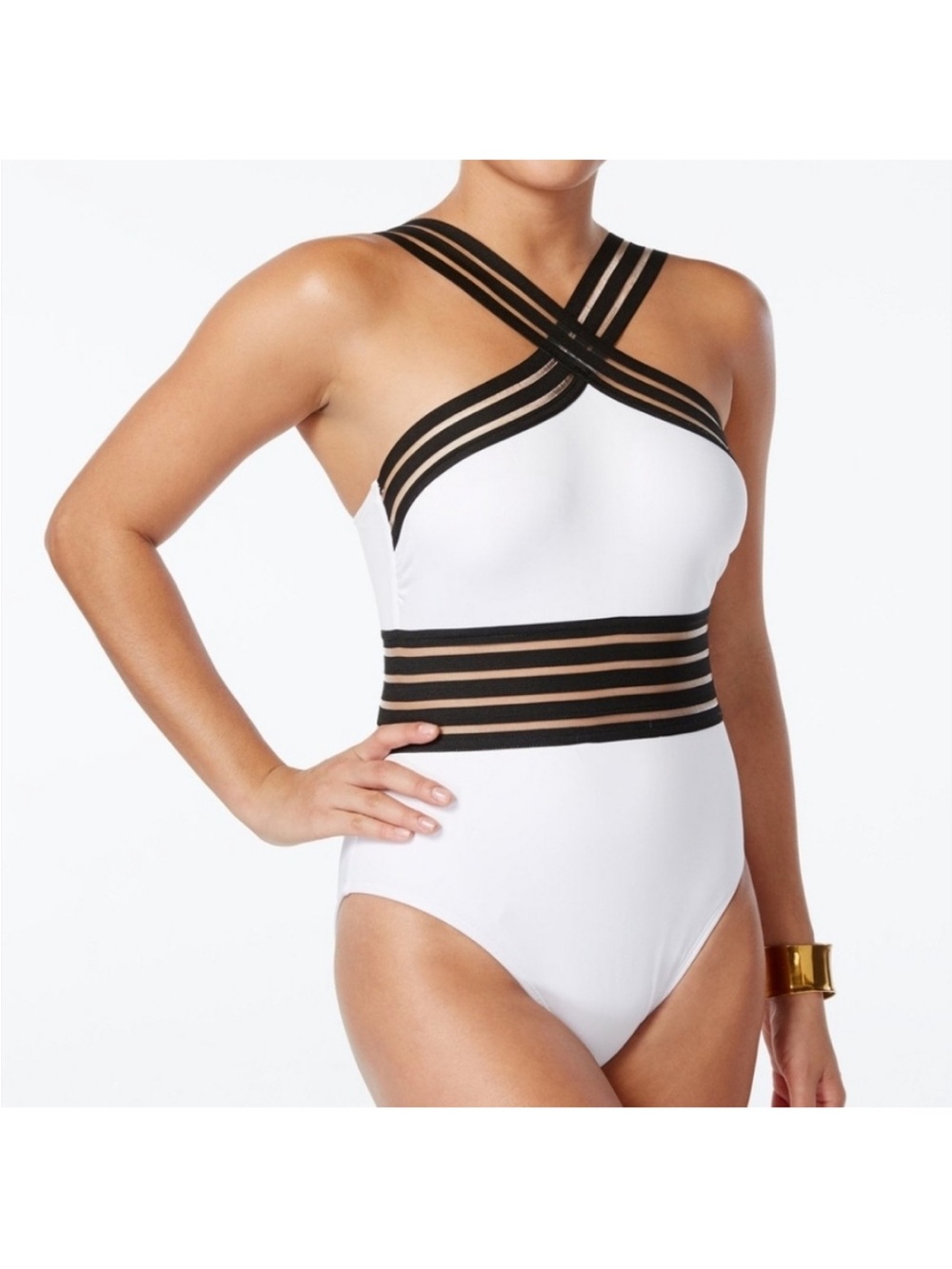 Kenneth Cole Swimsuit, White & Black, One-Piece, Slimming, Sheer Straps, XL